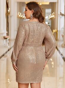SHEIN Belle 大碼垂領燈籠袖亮片緊身洋裝 - 香檳色 - 查看 2