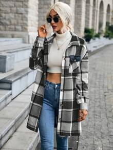 SHEIN Essnce 格紋翻蓋口袋落肩袖花呢外套 - 灰色 - 查看 3