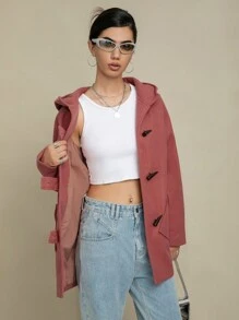 SHEIN Unity Flap Pocket Raglan Sleeve Duffle Hooded Duffle Overcoat - Pink - View 6