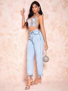 SHEIN BAE 高腰流蘇裝飾牛仔褲 - 藍色 - 查看 3