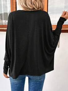 SHEIN LUNE 純色蝙蝠翼袖 V 領T恤 - 黑色 - 查看 2