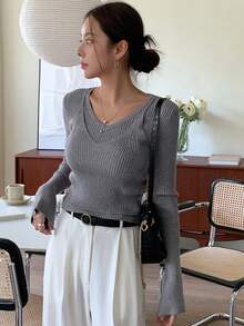 DAZY 二合一素色條紋針織套頭毛衣 - 淺灰色 - 查看 5