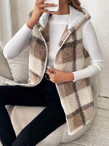 SHEIN Frenchy 1pc Plaid Pattern Hooded Teddy Vest Coat - Khaki - View 4