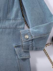 Tween Girl Flap Detail Button Front Denim Dress - Light Wash - View 3