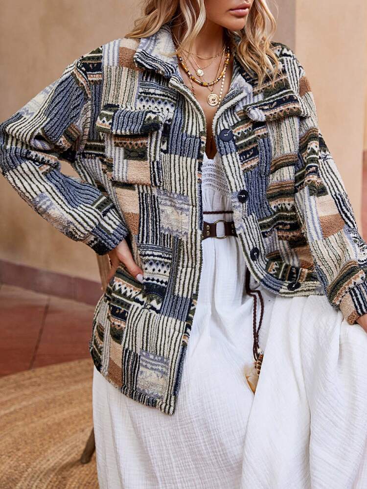 Patchwork Print Drop Shoulder Flap Detail Belted Coat