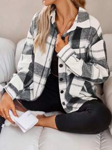 Aveloria 格子印花落肩衬衫纽扣衬衫女式，长袖上衣 - 黑與白 - 查看 4