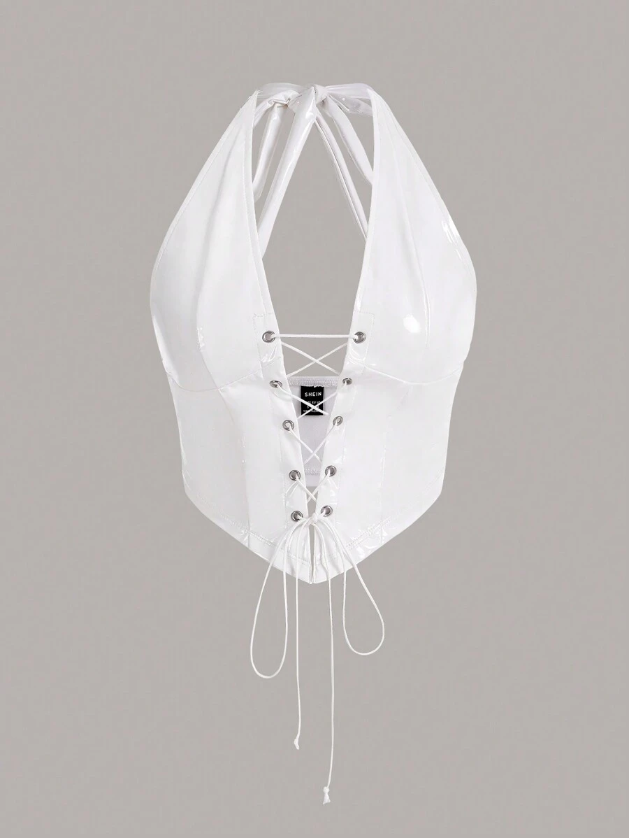 SHEIN ICON Lace Up Front Halter White Top - White - View 1