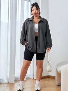 SHEIN EZwear Plus Drop Shoulder Button Front Coat - Dark Grey - View 3