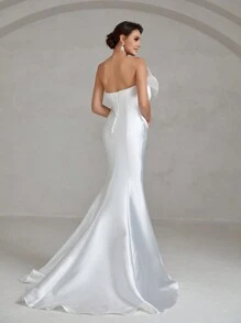 Hochzeitskleid mit einer Schulter frei, Schleife vorne, Schlitz, Satin - Weiss - Übersicht 2