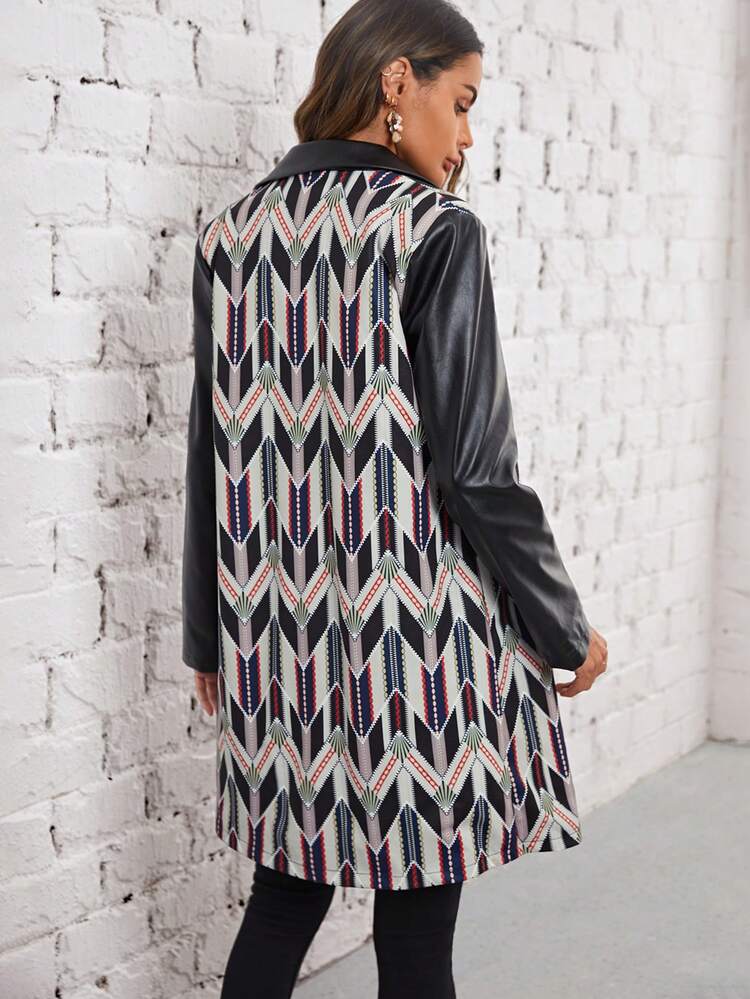 Chevron Print Shawl Collar PU Leather Coat