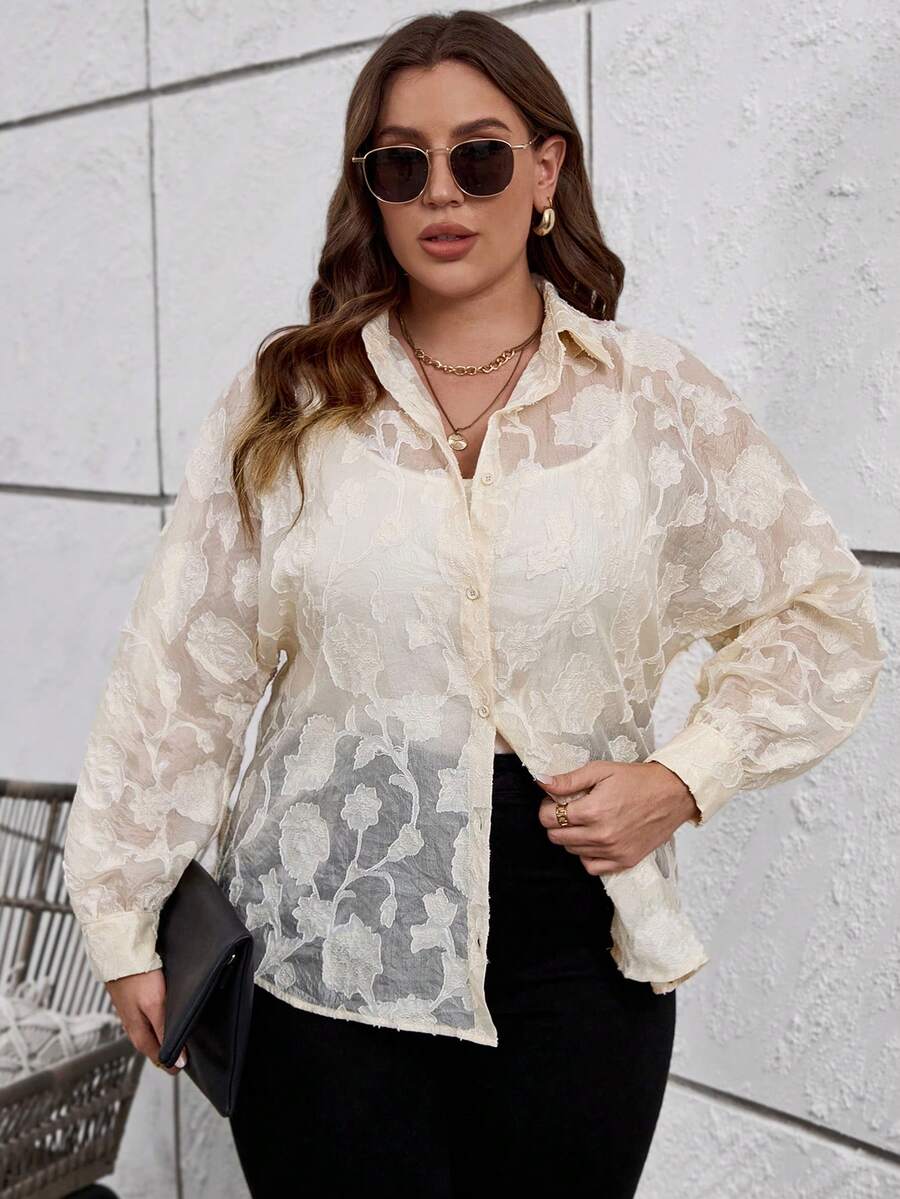 SHEIN Clasi Hơn Dệt hoa Nút phía trước Áo sơ mi - Màu be - Xem 1