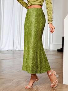 SHEIN Privé 素色魚尾裙下擺褶皺半身裙