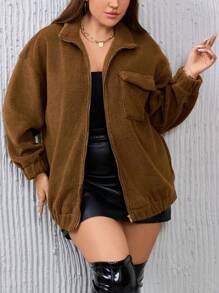 SHEIN Essnce Plus Flap Pocket Drop Shoulder Teddy Coat - Chocolate Brown - View 7
