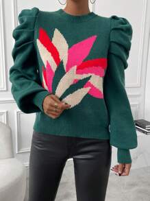 Chiquease Áo len dài tay họa tiết hoa mùa thu đông. - màu xanh lá - Xem 3