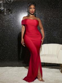 Slaydiva Elegant Off Shoulder High Side Slit Red Dress - Red - View 1