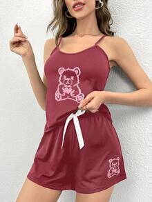 Bear Print Cami Top & Bow Front Shorts PJ Set - Burgundy - View 5