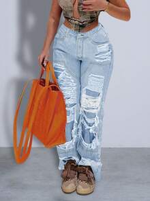Ripped Straight Leg Jeans - Light Wash - View 4