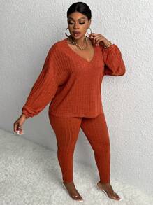 Slaydiva 2 件/套休閒家居服彈性針織羅紋修身加大尺碼女款長袖 T 恤和褲子套裝 - 棕色 - 查看 4