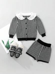 2pcs/Set Fashionable Girls' Plaid Ruffle Collar Sweater Set, Spring & Autumn - Black - View 1
