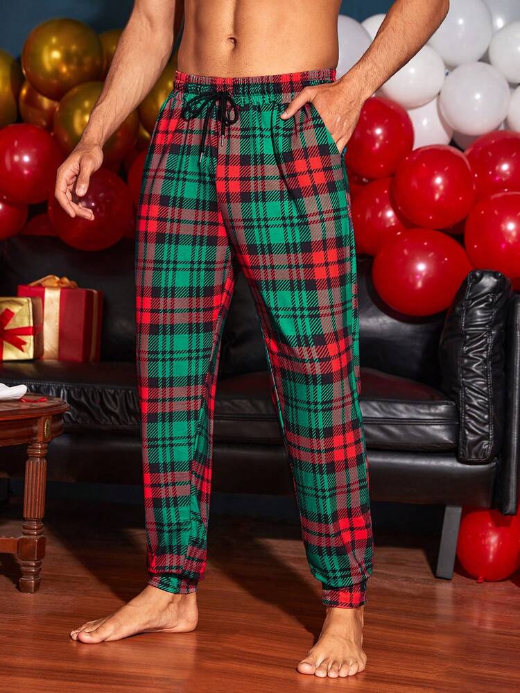 Men Plaid Print Drawstring Waist Sleep Pants