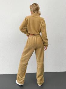 RueChic Half Zip Drop Shoulder Crop Teddy Sweatshirt & Pants - Coffee Brown - View 2