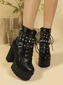 Giày bốt thời trang thu/đông dành cho nữ, phong cách Anh, đế dày, đế chống thấm nước đôi, gót dày, bốt ngắn, mũi tròn, giày cao gót, bốt dành cho nữ - màu đen - Xem 6