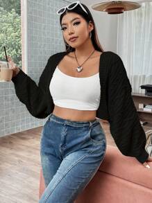 Flirla Plus Batwing Sleeve Open Front Crop Cardigan, For Winter Fall Cloth For Women Autumn - Black - View 3