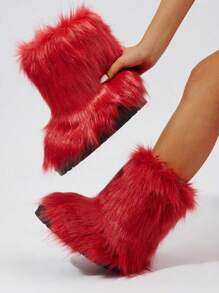 Fashionable Mid-calf Snow Red Boots, Comfortable And Warm Furry Winter Boots - Red - View 1