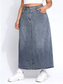 Plus Slant Pocket Denim Skirt - Medium Wash - View 5