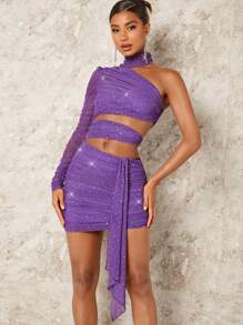 SHEIN BAE 單肩側垂亮片緊身洋裝 - 紫丁香色 - 查看 6