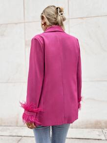 SHEIN Privé Shawl Collar Fuzzy Cuff Single Button Blazer - Pink - View 3