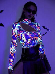 SHEIN Unity Reflective Marble Print Cut Out Mock Neck Bodysuit Fall Cloth For Women - Multicolor - View 1