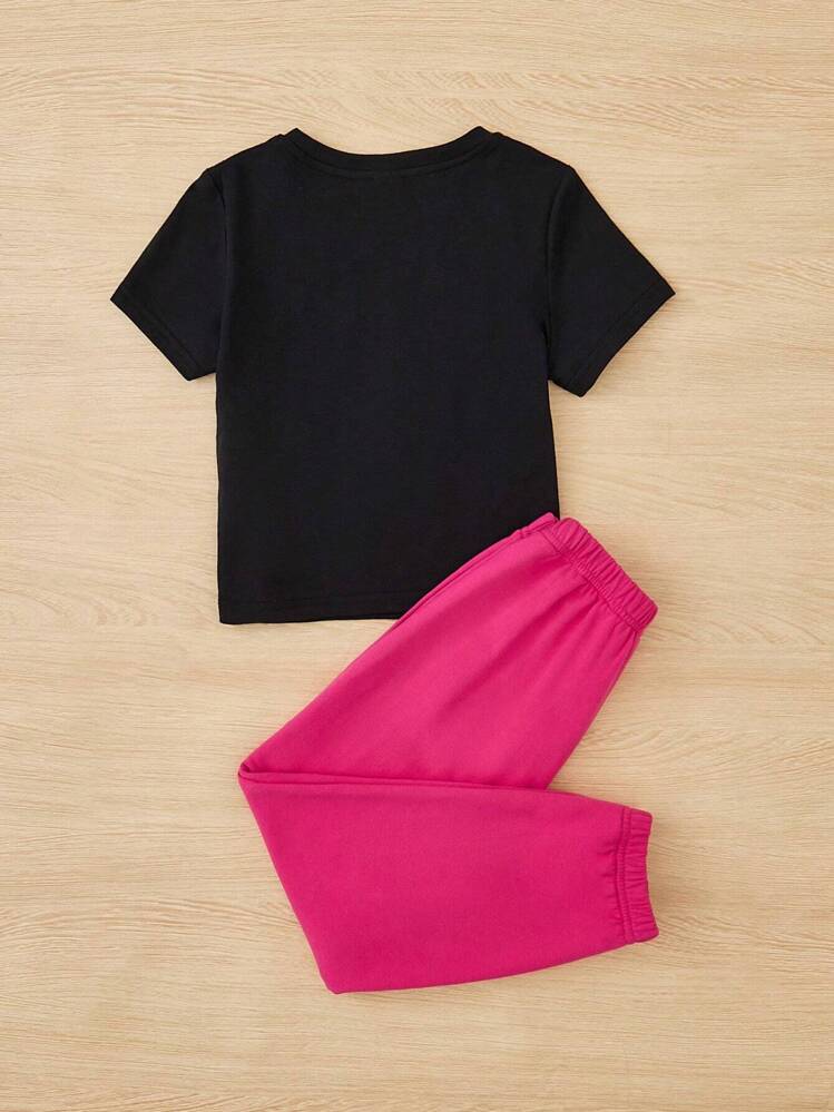 SHEIN Chica Joven Pantalones deportivos con camiseta con estampado floral con letra - Negro - Añade 2