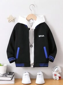 Young Boy Letter Graphic Striped Trim Jacket Without Hoodie - Black - View 1