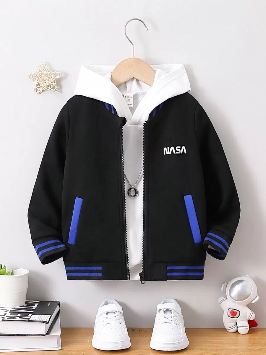 Young Boy Letter Graphic Striped Trim Jacket Without Hoodie - Black - View 1