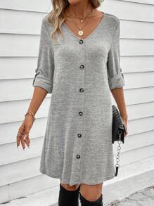 SHEIN LUNE 捲邊袖前紐扣T恤洋裝 - 灰色 - 查看 1