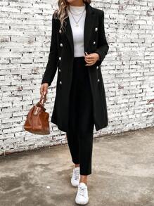 SHEIN Clasi 西裝領雙排釦花呢外套 - 黑色 - 查看 3