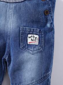 女嬰鯨魚刺繡補丁貼口袋牛仔背帶褲 - 中等水洗藍 - 查看 3