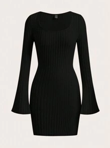 SHEIN EZwear Plus Size Women Black Round Neck Flared Sleeve Bodycon Elegant Dress