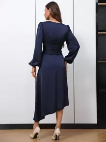 SHEIN Clasi Surplice Neck Lantern Sleeve Asymmetrical Hem Dress Fall Cloth For Women - Navy Blue - View 2