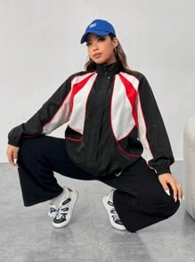 SHEIN EZwear Plus Colorblock Contrast Piping Zip Up Windbreaker Jacket - Multicolor - View 4