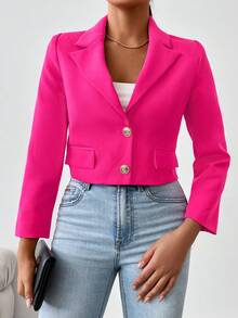 EURMUSE Cổ áo Chi tiết về Flap Crop Blazer - Hồng - Xem 4