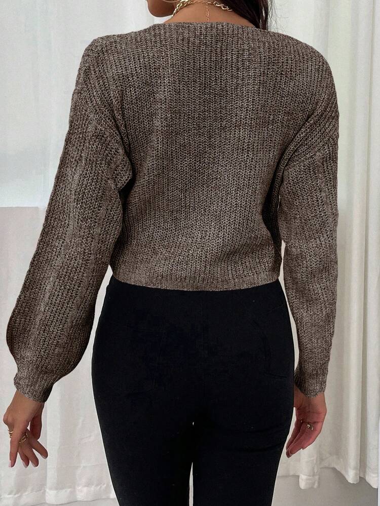 Lantern Sleeve Drawstring Ruched Front Crop Sweater,Long Sleeve Tops Knit Pullover Fall Winter Sweater