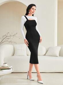 Modelyn Vestido de punto de dos tonos con abertura - Negro - Ver 4