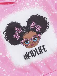 SHEIN Baby Girl Letter & Figure Graphic Hoodie & Leopard Print Leggings - Pink - View 3