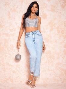 SHEIN BAE 高腰流蘇裝飾牛仔褲 - 藍色 - 查看 5