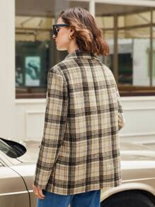BizChic Plaid Print Lapel Neck Blazer - Brown - View 2