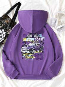 SHEIN 少女汽车字母图案抽绳保暖连体卫衣 - 紫色 - 查看 1