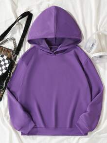 SHEIN 少女汽车字母图案抽绳保暖连体卫衣 - 紫色 - 查看 2