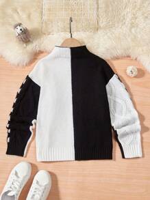 SHEIN Tween Girl Two Tone Mock Neck Drop Shoulder Sweater - Black and White - View 2
